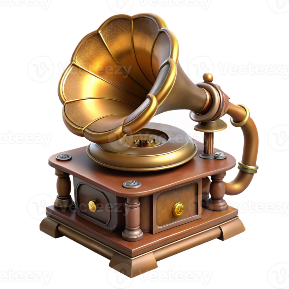 dramatic artistic Steampunk gramophone with a horn and rotating turntable detailed png