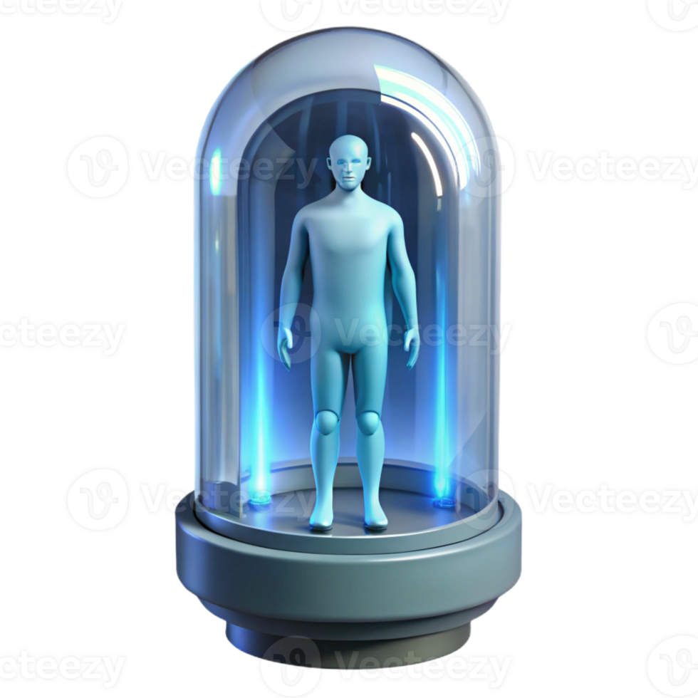 elegant minimalist Cryogenic stasis pod with a visible human silhouette inside exclusive png