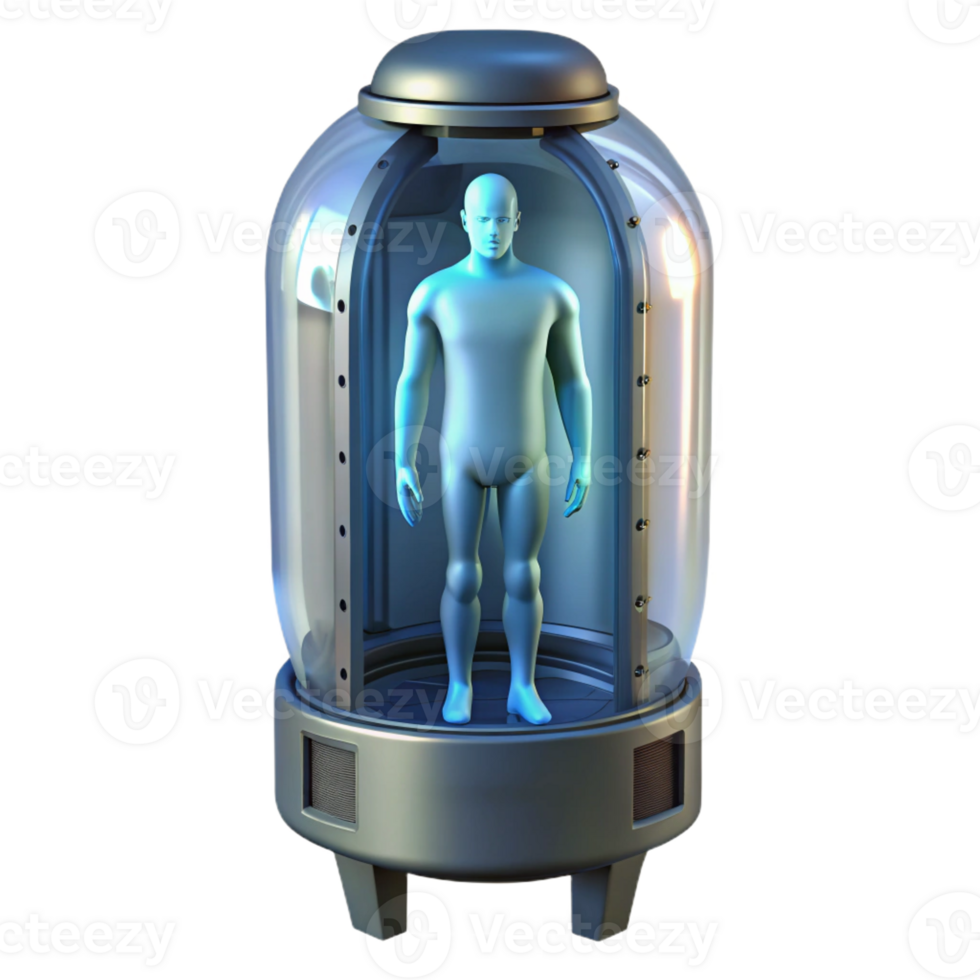 serene abstract Cryogenic stasis pod with a visible human silhouette inside authentic png