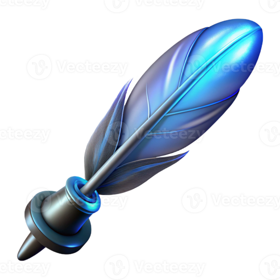 impressive creative A single, detailed feather pen, writing with glowing ink genuine png