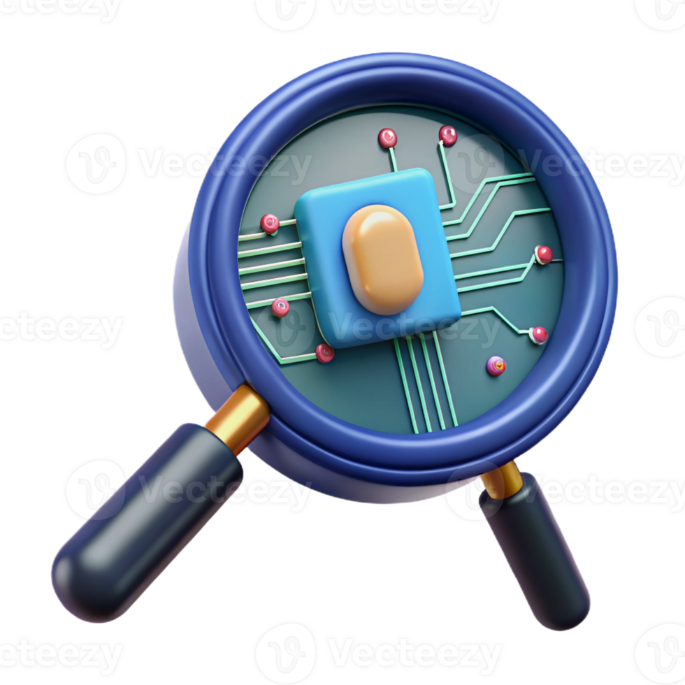 dramatic rustic A magnifying glass over a computer circuit detailed png