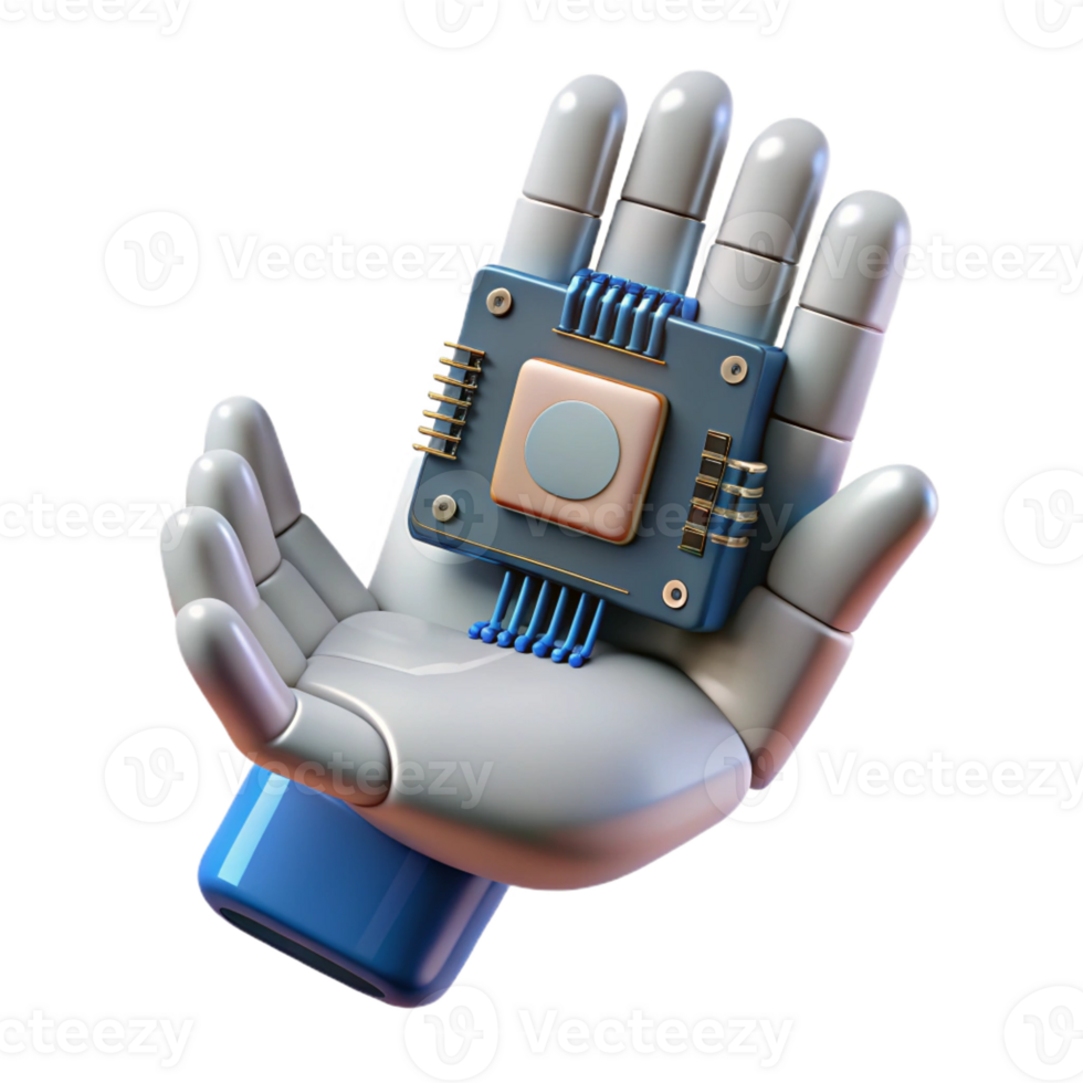 serene minimalist Highly detailed robotic hand holding a data chip, professional png