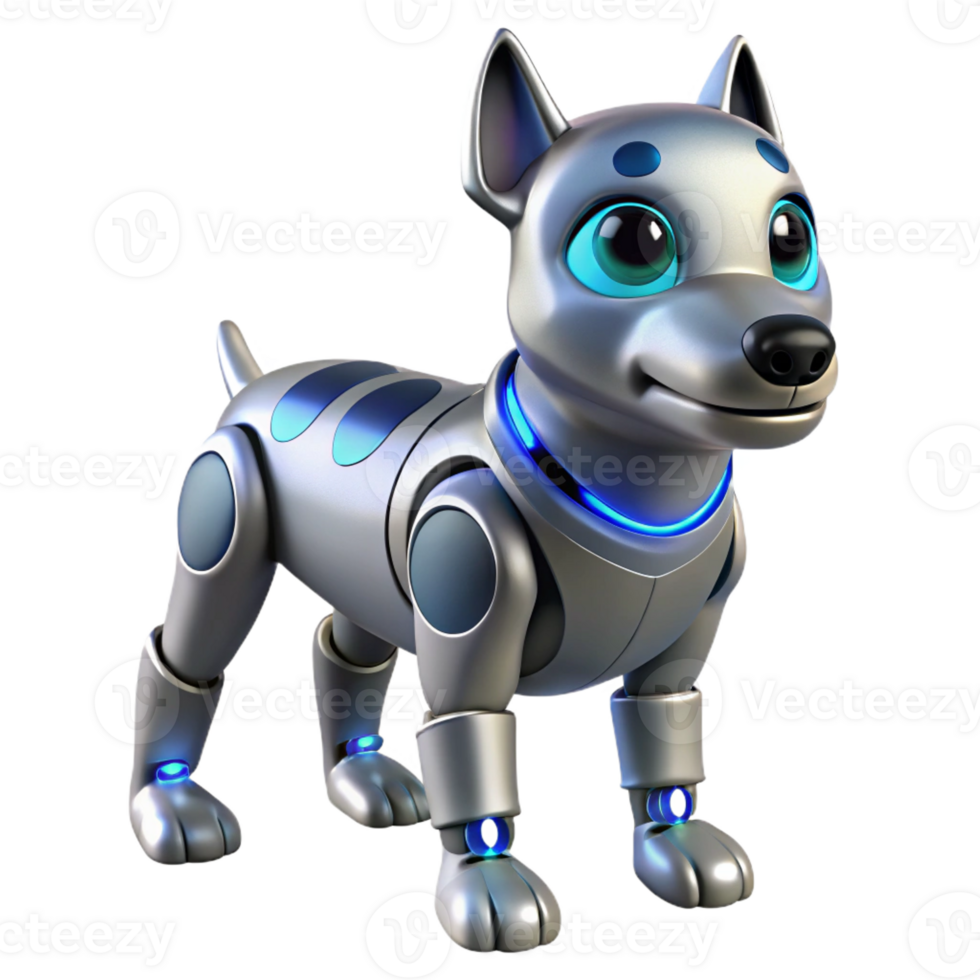 dramatic modern Realistic robotic dog with glowing blue eyes, professional png