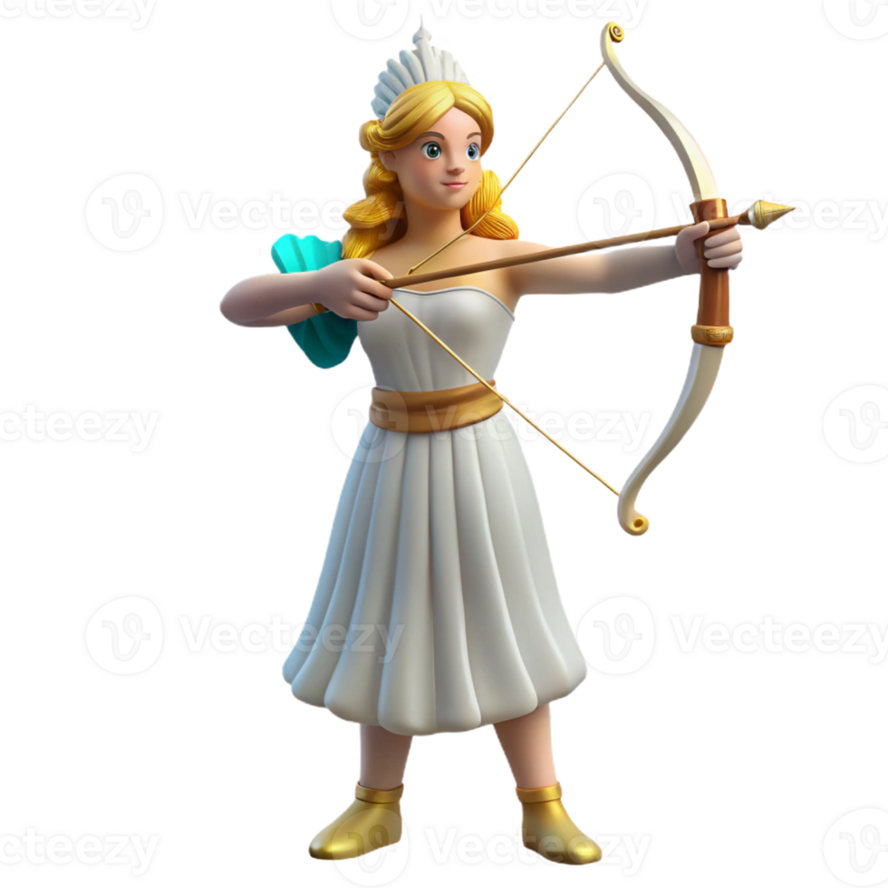 elegant rustic Artemis, Goddess of the Hunt, with bow and arrow, genuine png