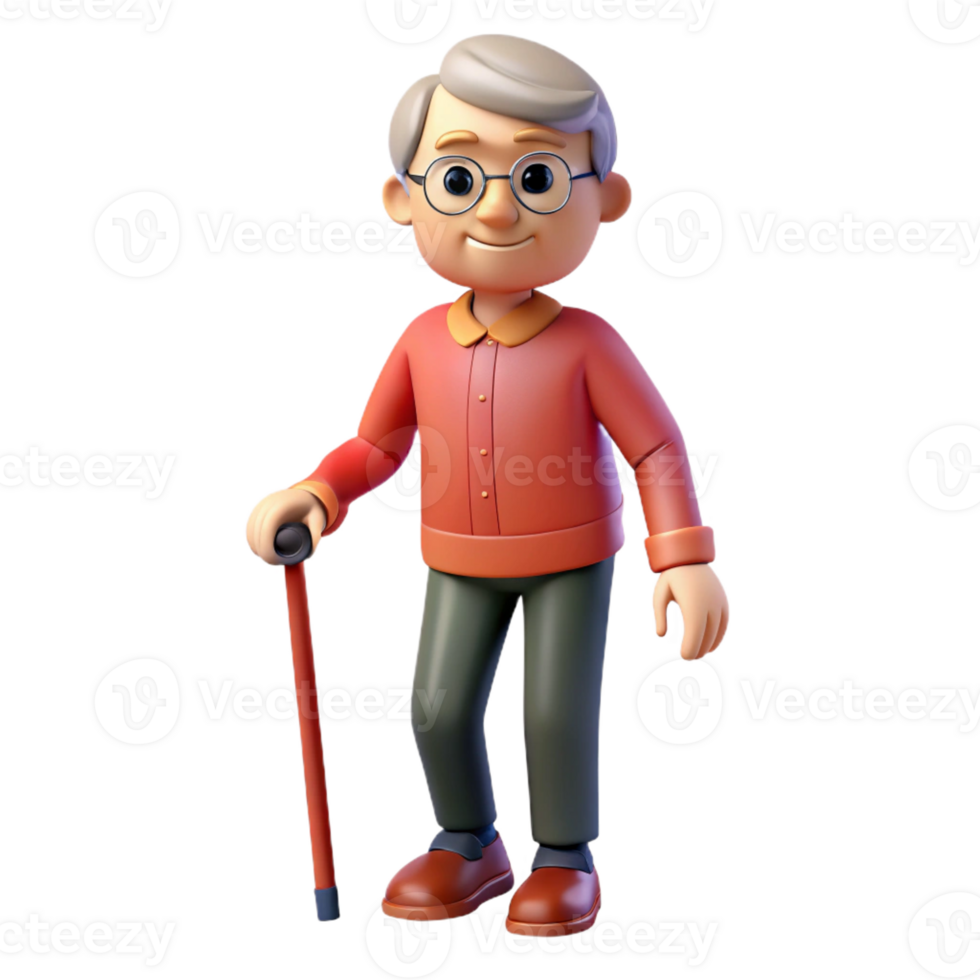serene artistic Senior citizen with walking stick premium png