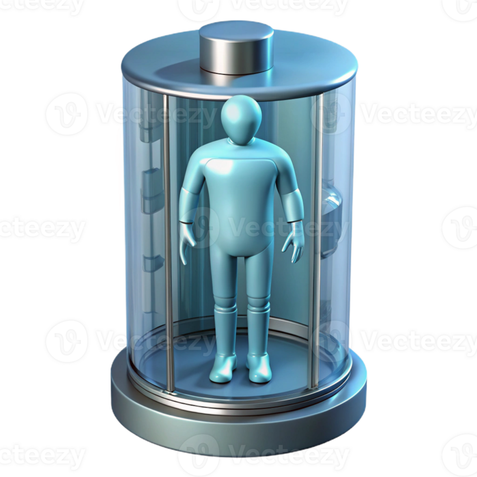 extraordinary rustic Cryogenic chamber, transparent, containing a human figure 4K png