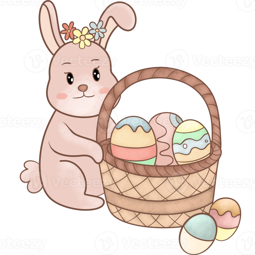 A boho style bunny with a floral crown sitting next to a basket of speckled Easter eggs png