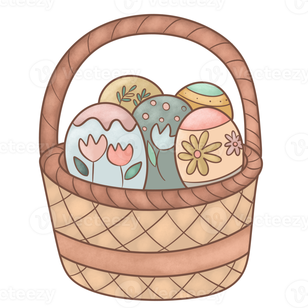 Easter eggs decorated with delicate boho patterns, floral etchings , arranged in a rustic wicker basket. png