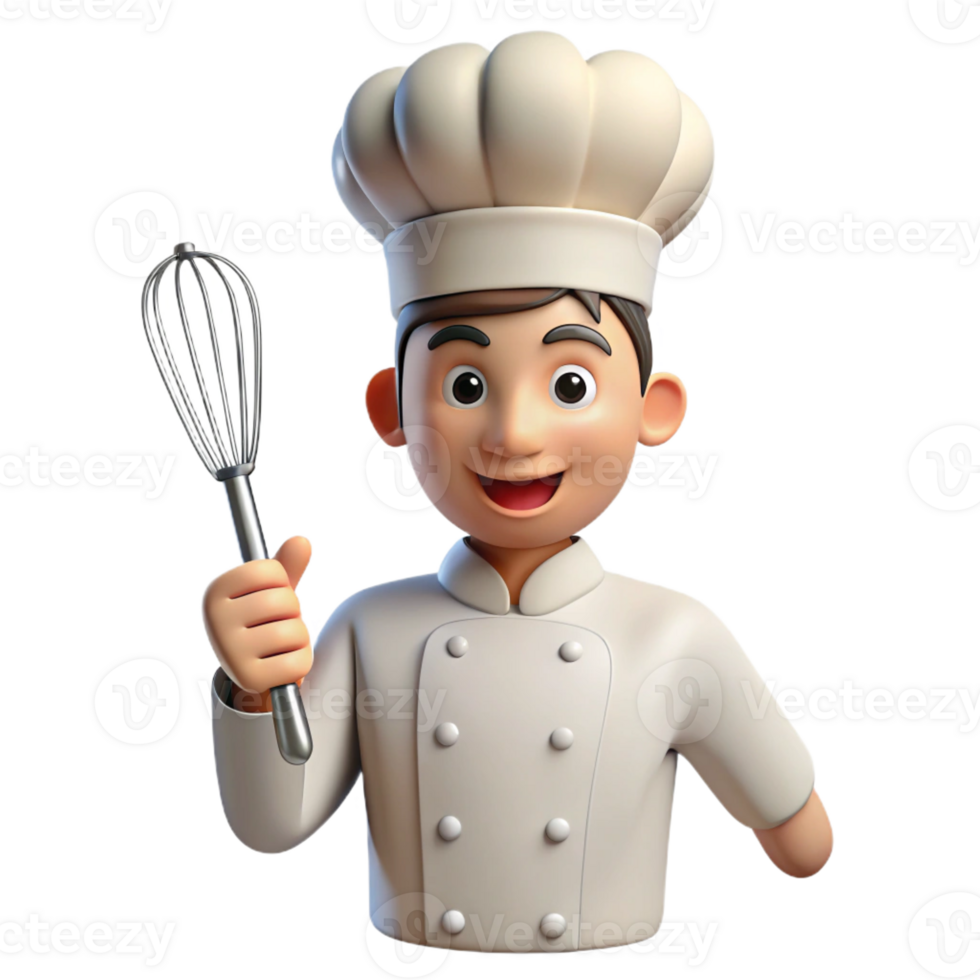 serene traditional Excited chef, white uniform, holding whisk, premium png