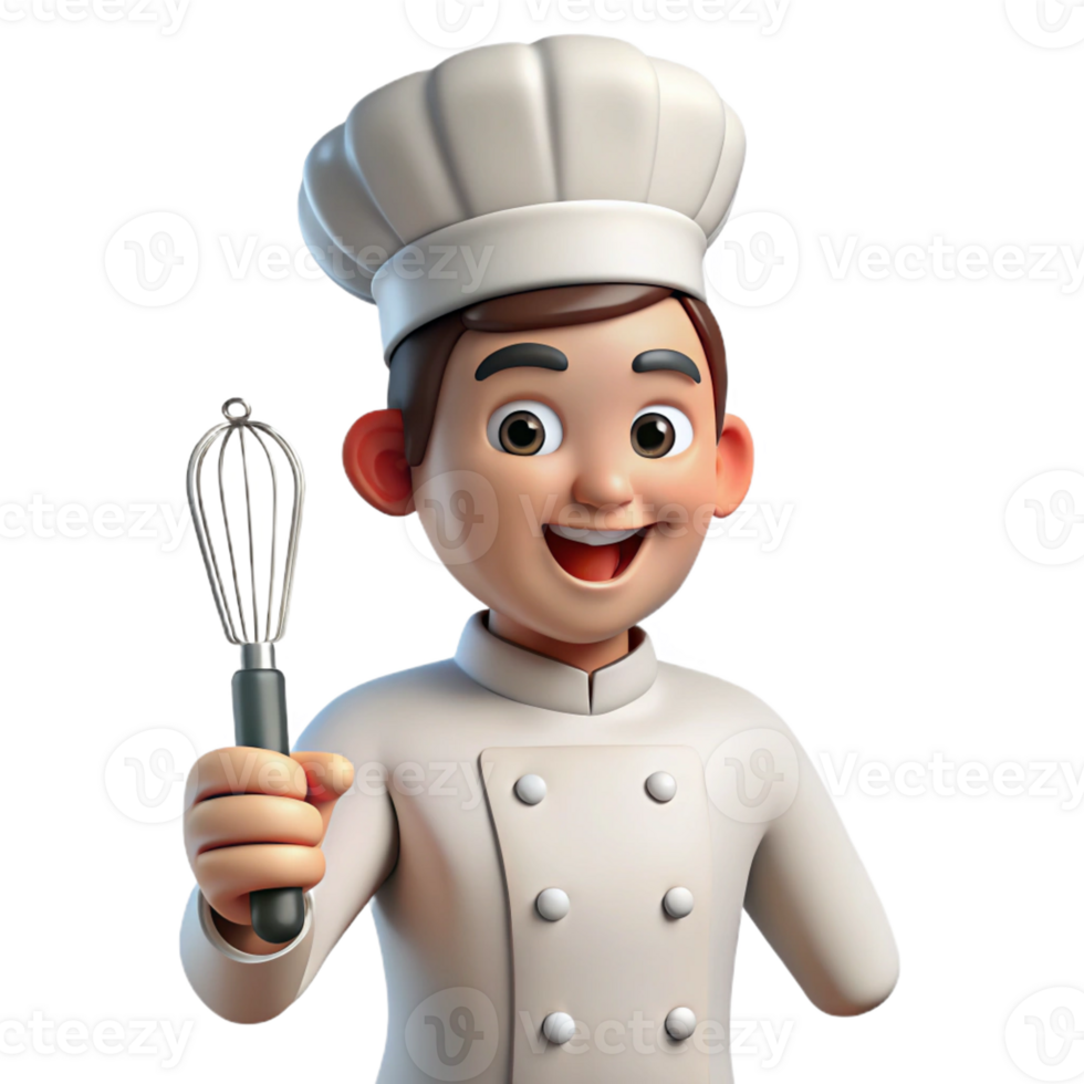 vibrant traditional Excited chef, white uniform, holding whisk, original png