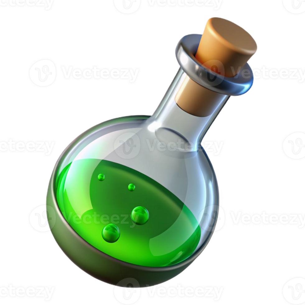 extraordinary contemporary A single, bubbling potion vial, green liquid inside detailed png