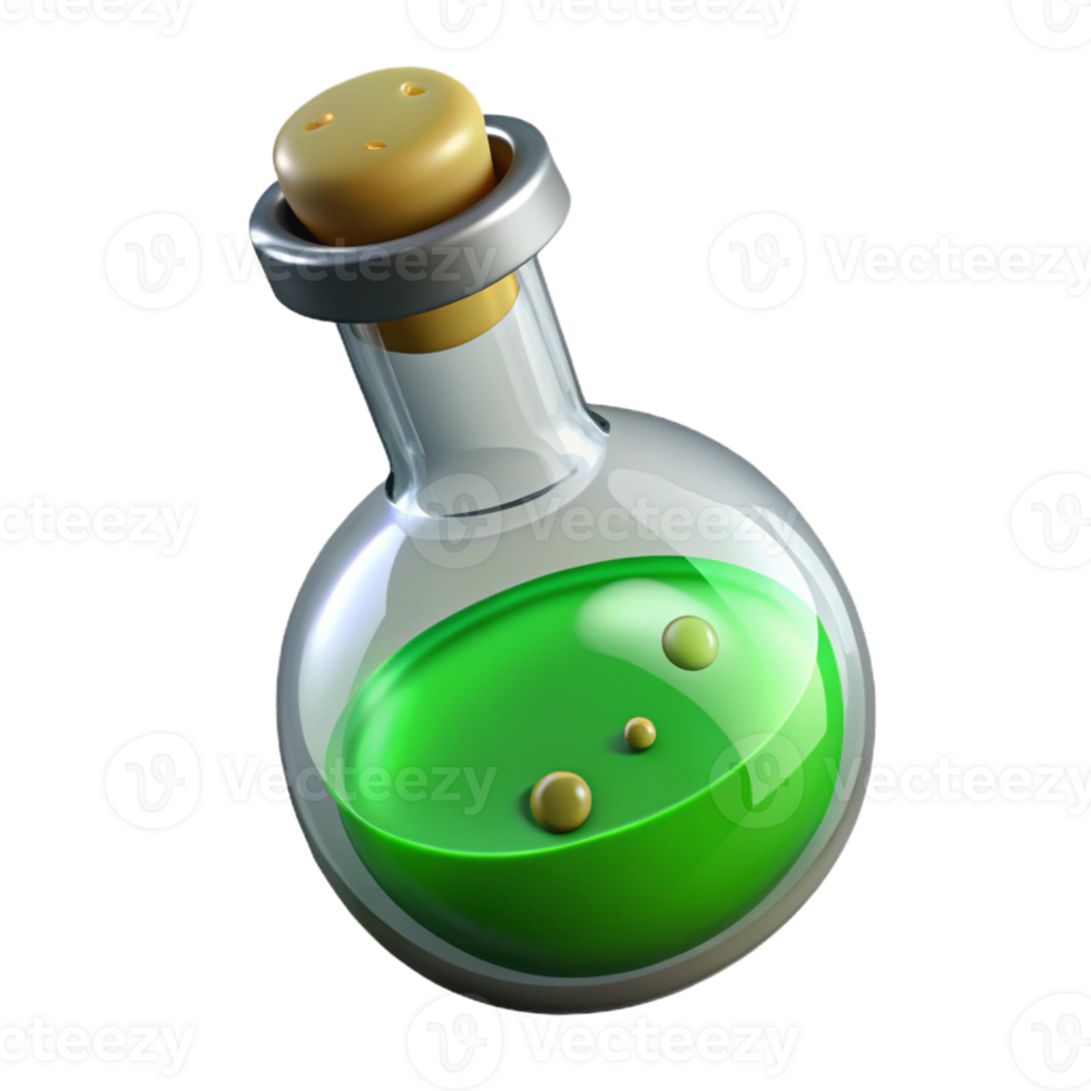 beautiful minimalist A single, bubbling potion vial, green liquid inside exclusive png