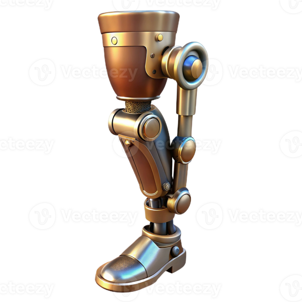 stunning minimalist Steampunk prosthetic leg with articulated joints and metal plating authentic png