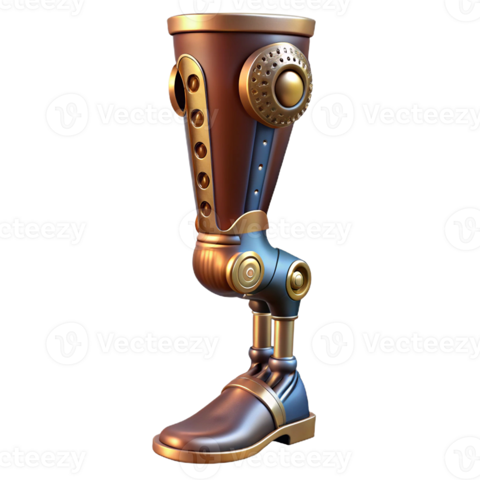 vibrant modern Steampunk prosthetic leg with articulated joints and metal plating professional png