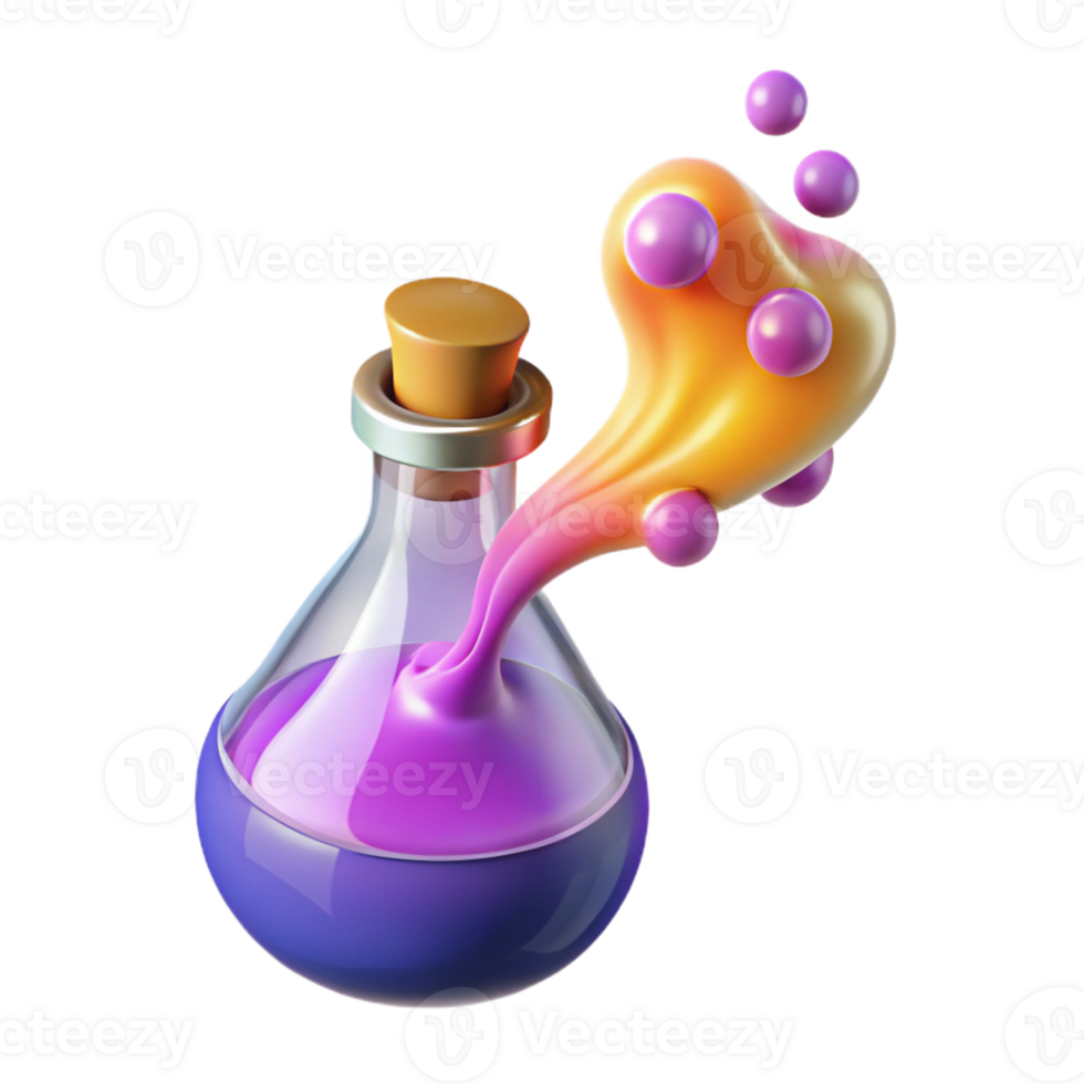 beautiful traditional A powerful magic potion, bubbling in a glass vial, emitting colorful fumes exclusive png