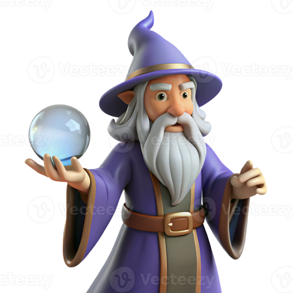 elegant modern A wise old wizard, long white beard, holding a crystal ball 4K png