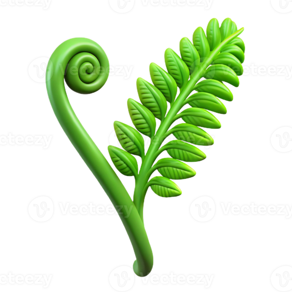 extraordinary creative Single green fern frond, unfurling detailed png