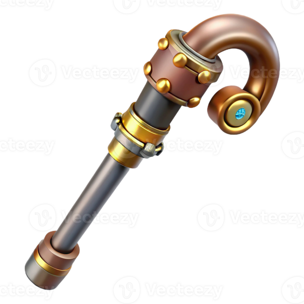 dramatic abstract Steampunk cane with a brass handle and hidden gadgets professional png