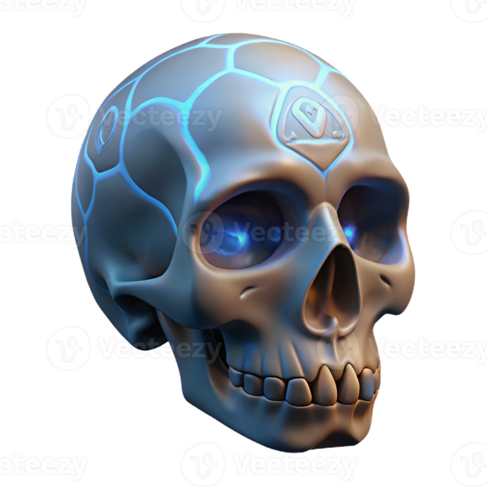 extraordinary creative A realistic human skull with glowing runes carved into it professional png