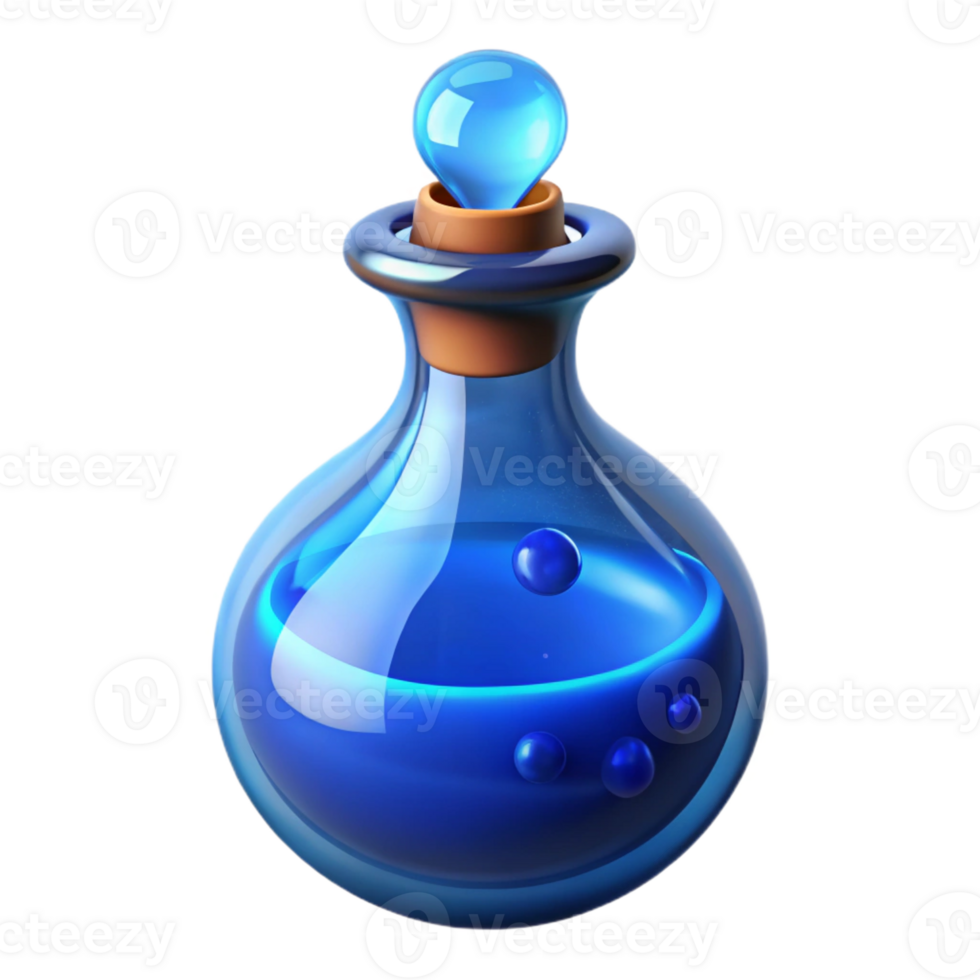 wonderful abstract A single potion bottle filled with swirling, glowing blue liquid professional png