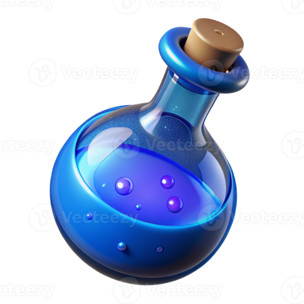 magnificent contemporary A single potion bottle filled with swirling, glowing blue liquid exclusive png