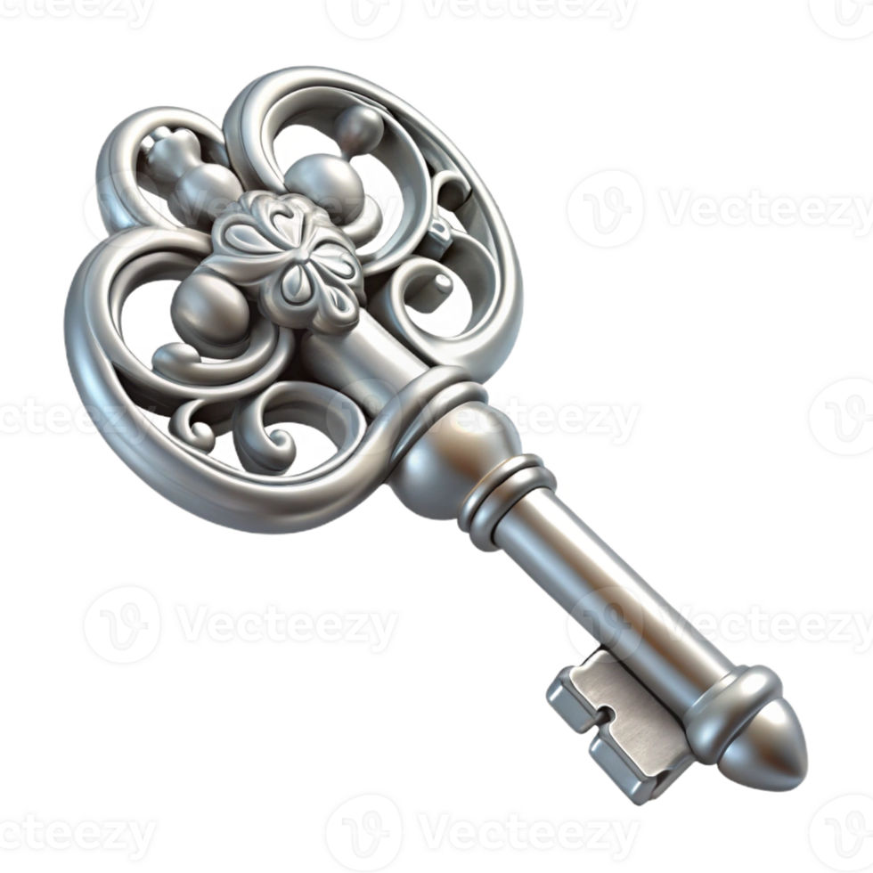dramatic traditional A single, intricate silver key with ornate carvings premium png