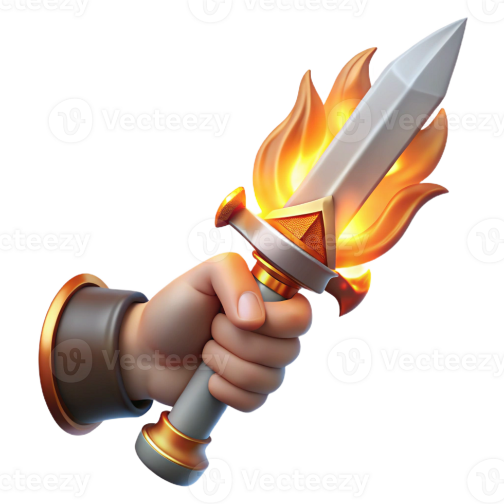 dramatic traditional A detailed, realistic human hand holding a flaming sword original png