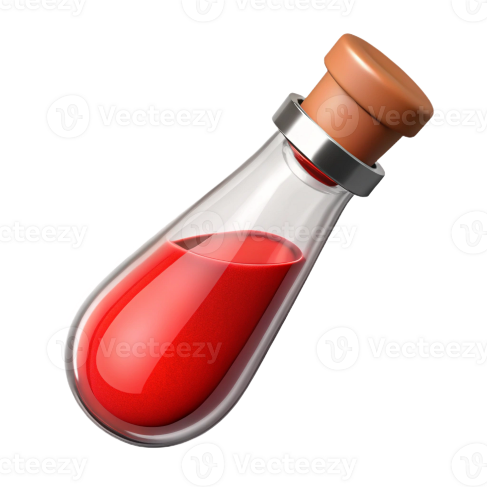 extraordinary minimalist A single, glass vial filled with red liquid, corked 4K png