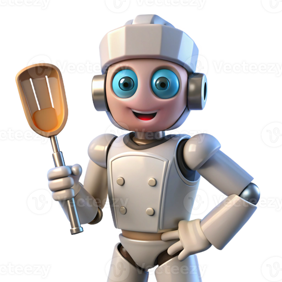 dramatic artistic Futuristic Robot Chef holding a spatula genuine png