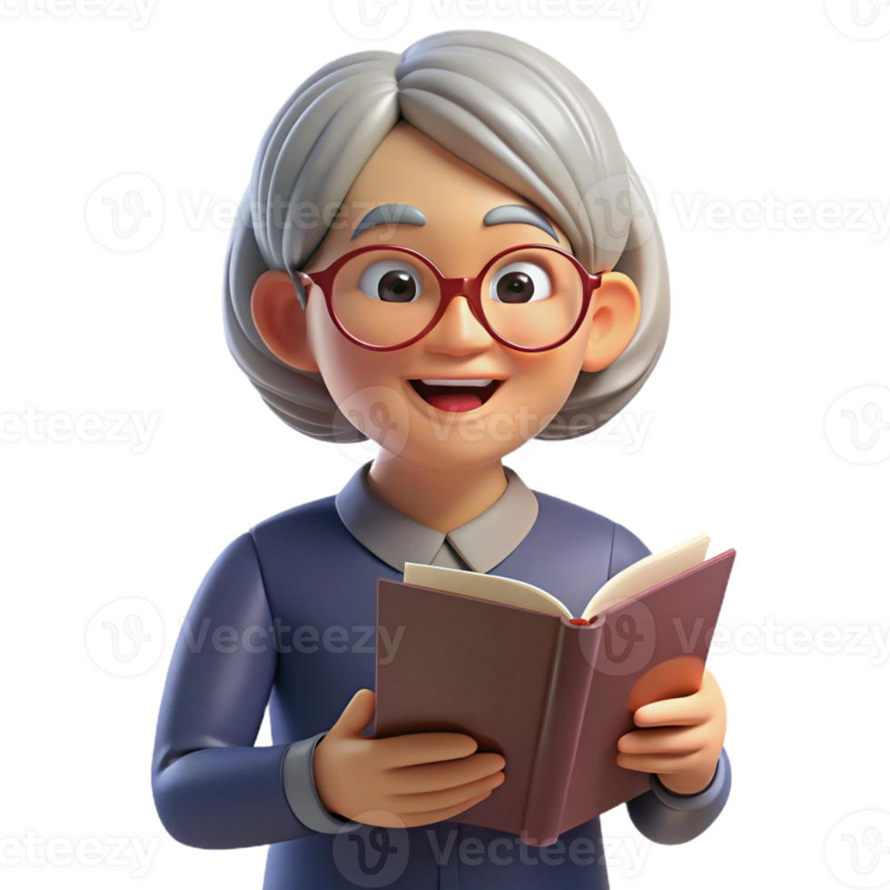 dramatic traditional Happy senior woman with glasses reading a book, authentic png