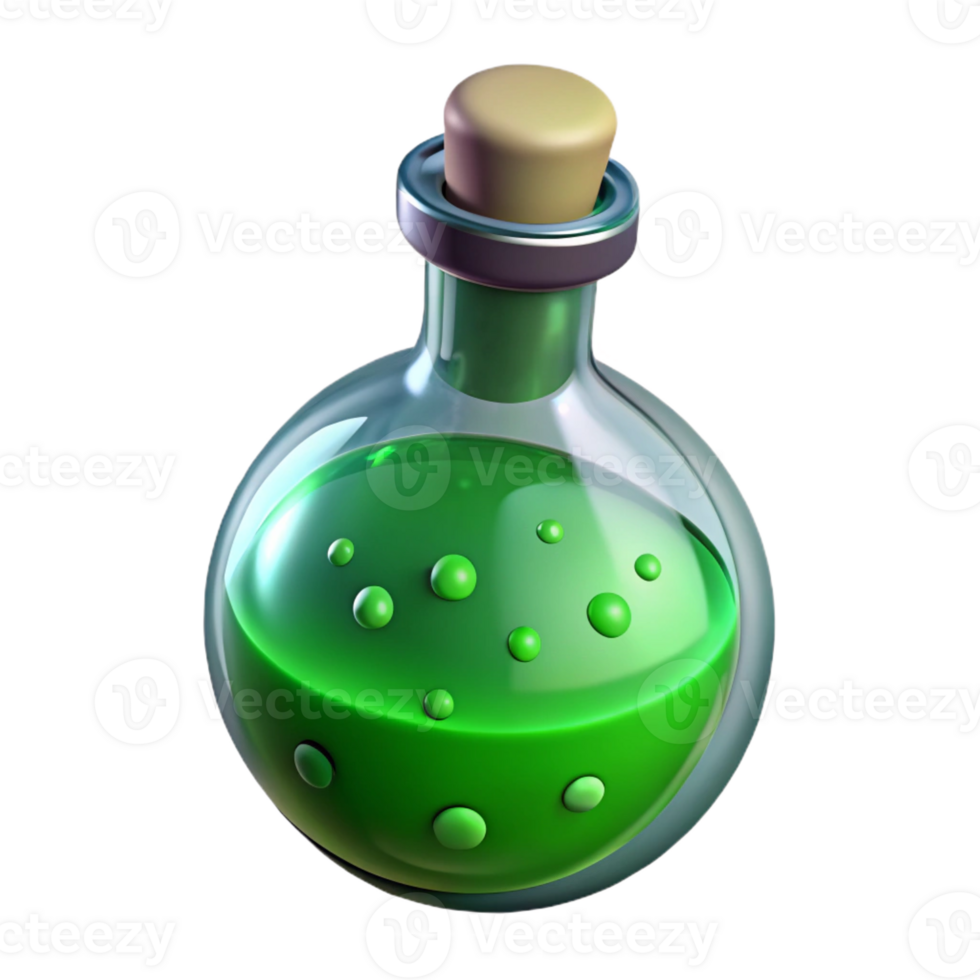 serene minimalist A single, sparkling potion bottle, filled with a bubbling green liquid genuine png