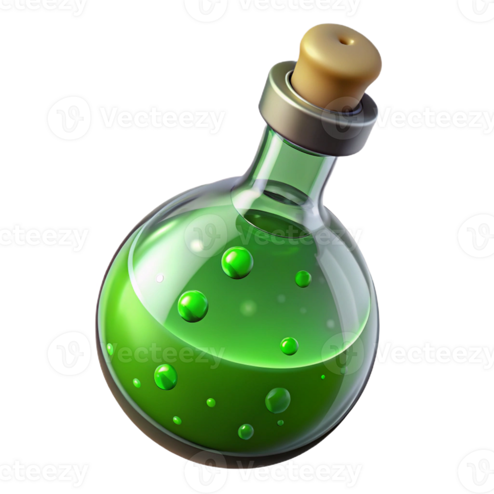 wonderful rustic A single, sparkling potion bottle, filled with a bubbling green liquid high resolution png
