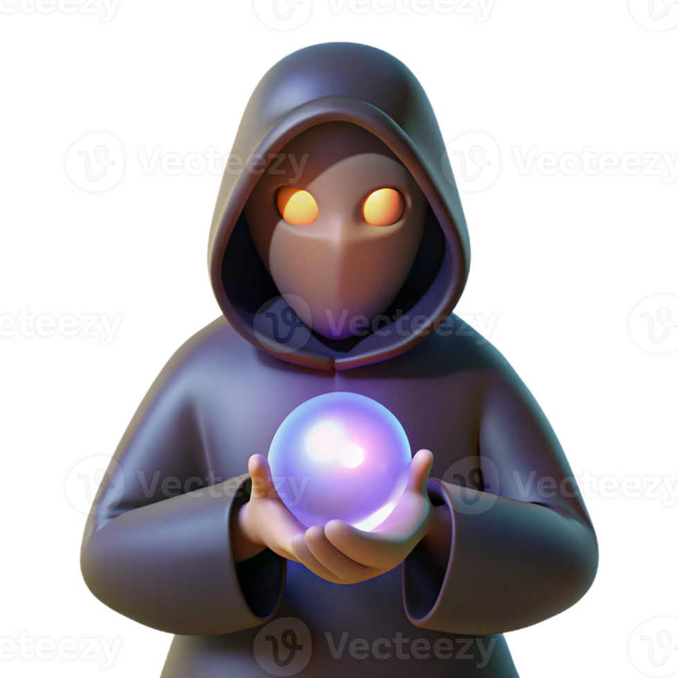 serene modern A mysterious hooded figure, holding a glowing orb high quality png