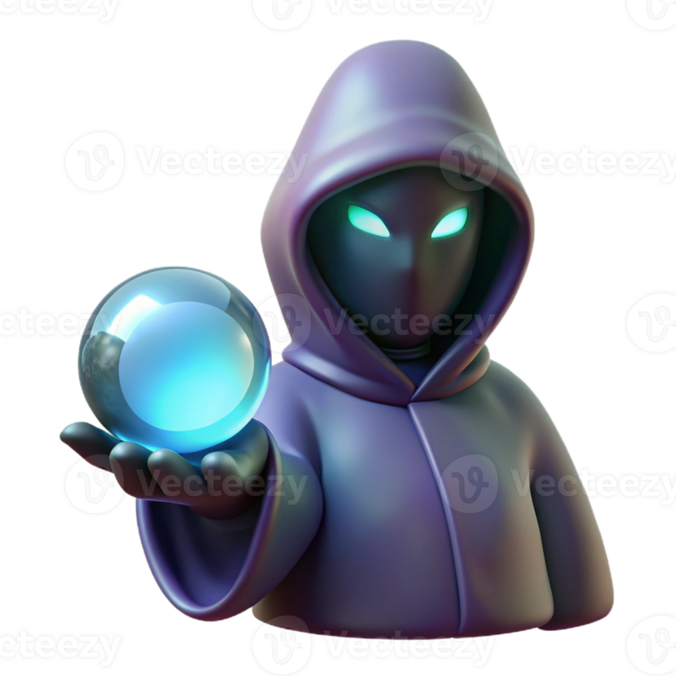 serene modern A mysterious hooded figure, holding a glowing orb authentic png