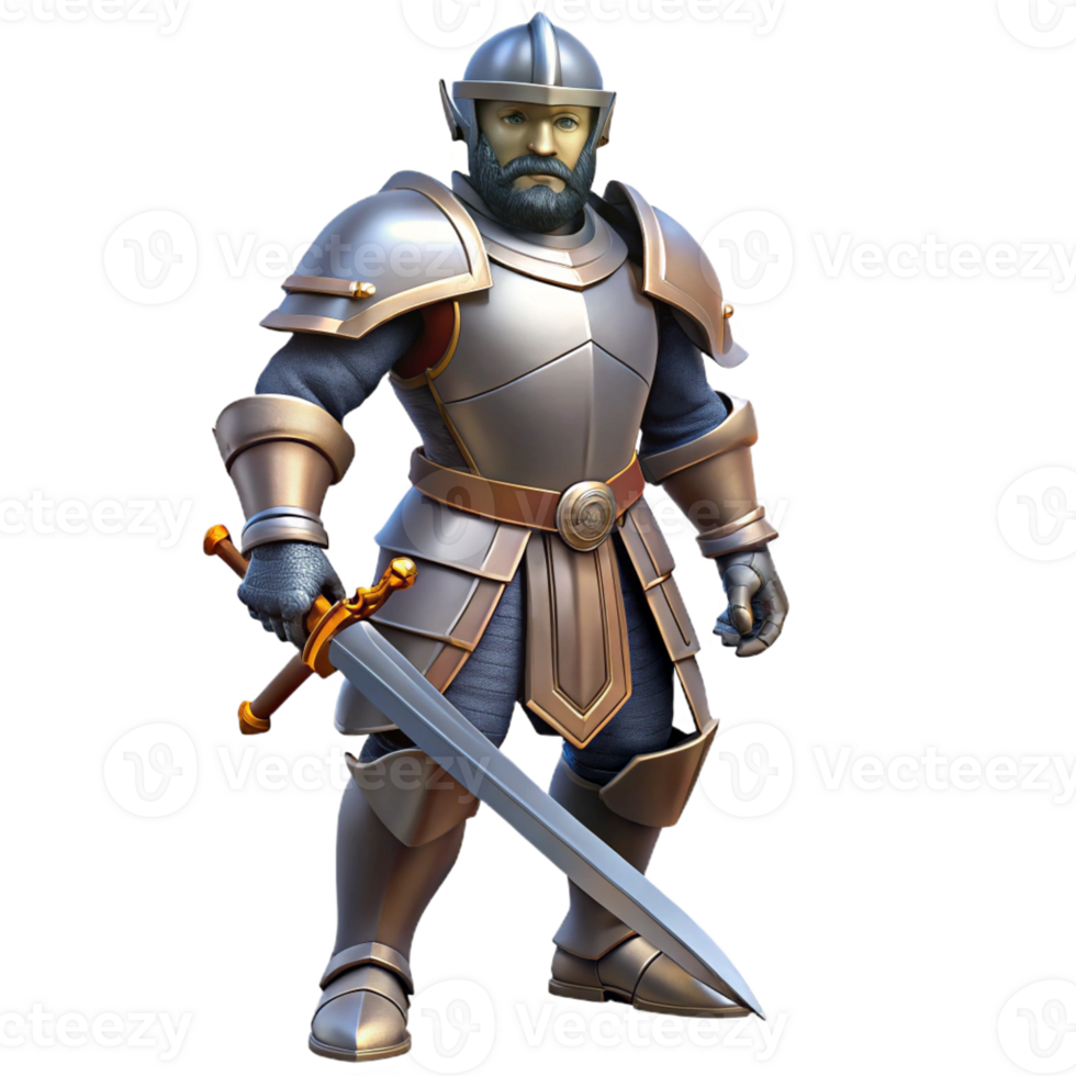 serene contemporary A realistic knight, in full plate armor, wielding a sword authentic png