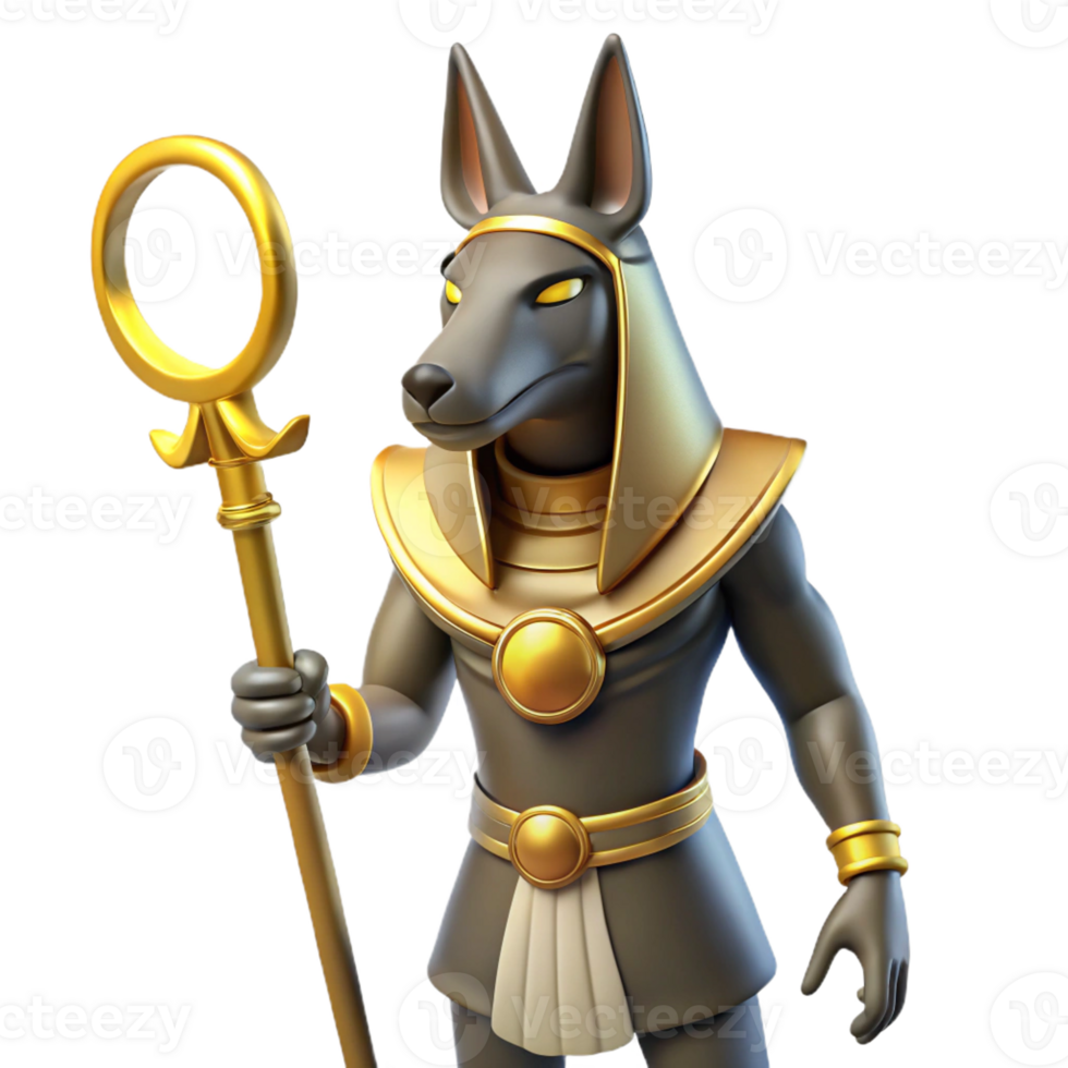 stunning vintage Anubis, jackal-headed god, Egyptian mythology, holding ankh professional png