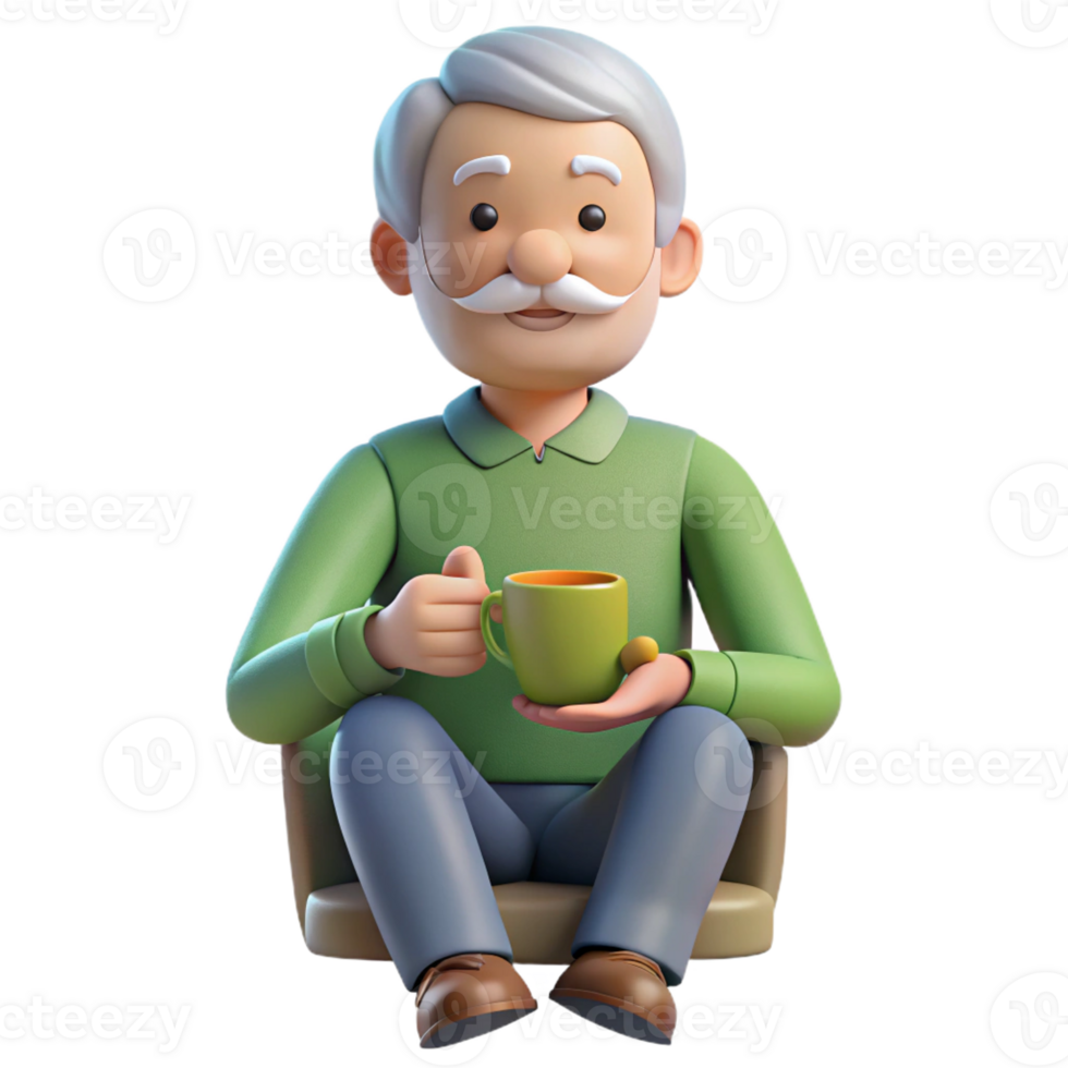 serene abstract Relaxing senior with a cup of tea, premium png