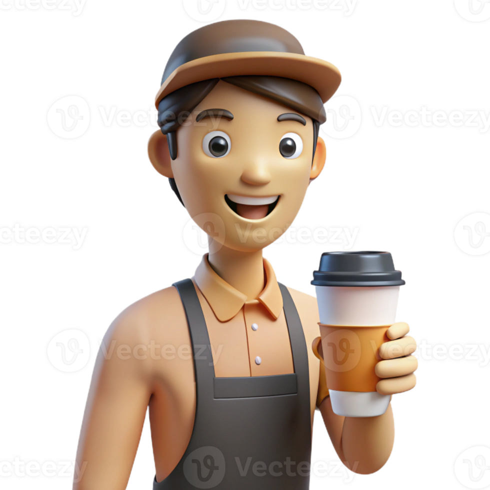 beautiful vintage Smiling barista with a coffee cup, 4K png