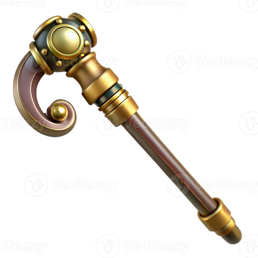 dramatic modern Steampunk cane with a brass handle and a hidden blade detailed png