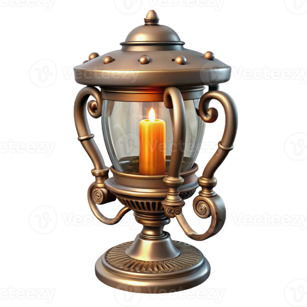 elegant creative Steampunk candle holder with intricate metalwork and a glass shade 4K png