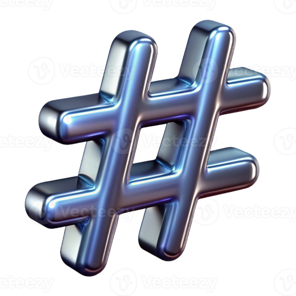dramatic abstract A hashtag symbol, metallic and reflective, professional png
