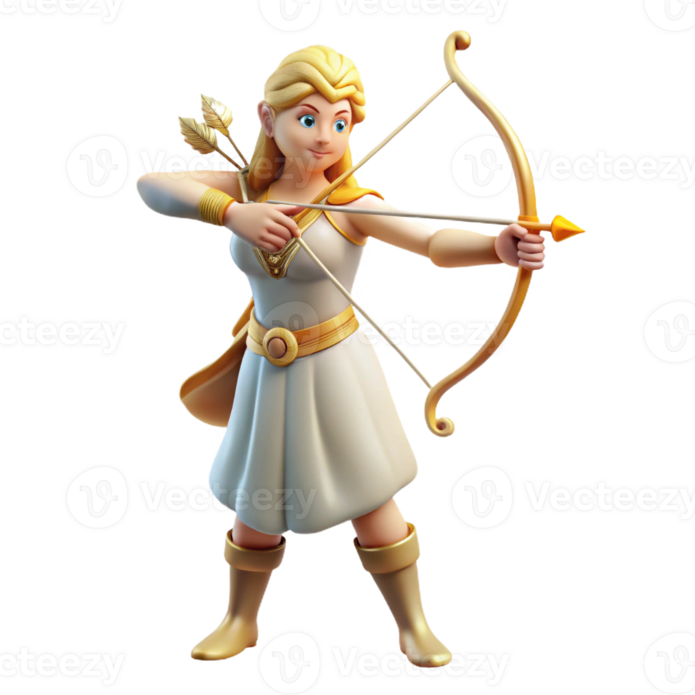 magnificent contemporary Artemis, Goddess of the Hunt, with bow and arrow, high resolution png