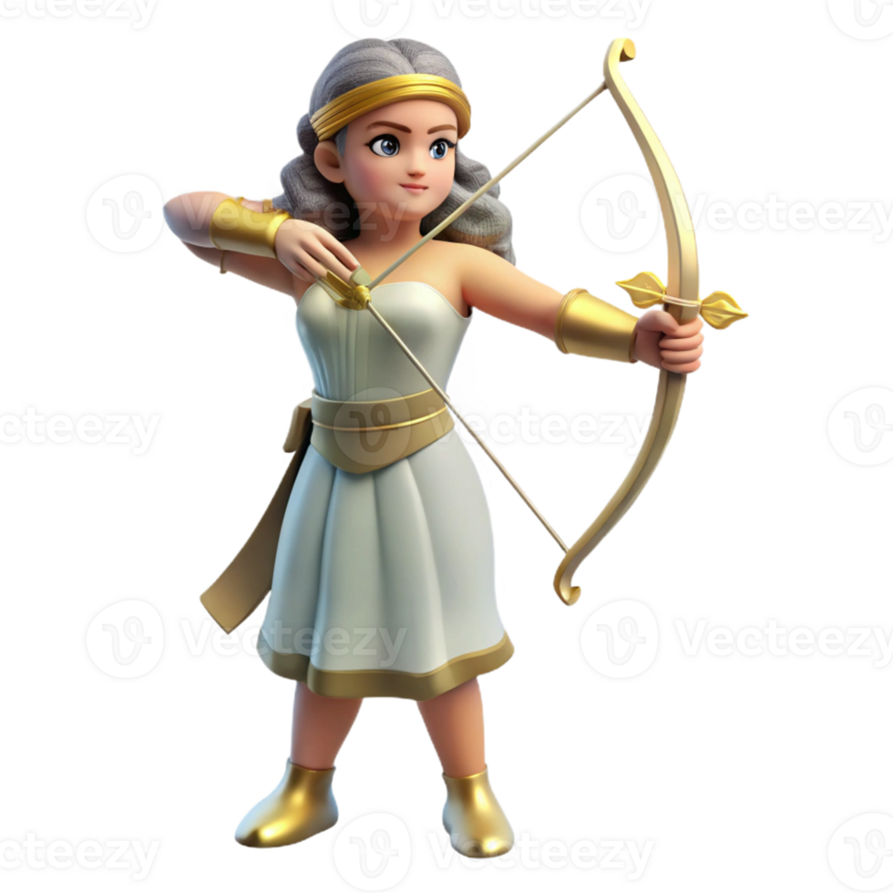 serene modern Artemis, Goddess of the Hunt, with bow and arrow, professional png