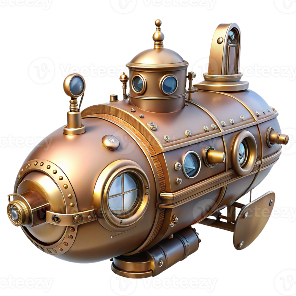 beautiful traditional Steampunk submarine in miniature, highly detailed high quality png