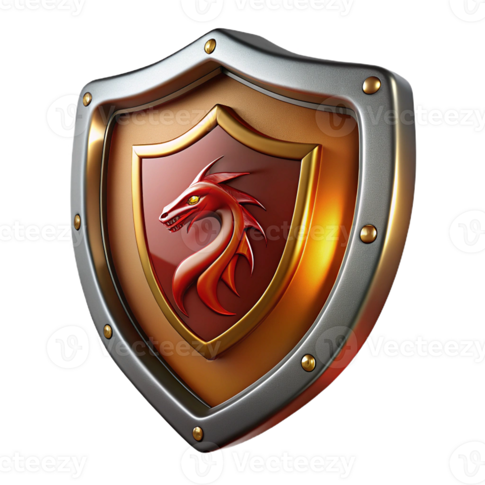 vibrant vintage A gleaming metal shield, emblazoned with a dragon original png