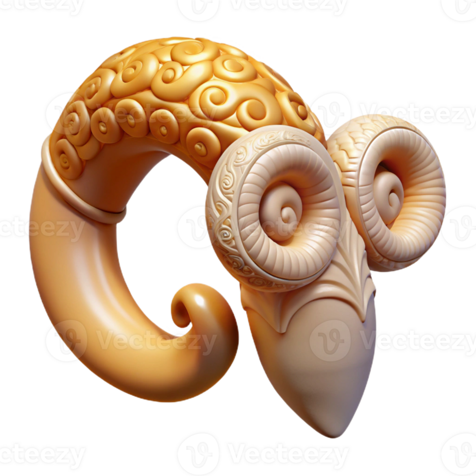 vibrant artistic A whimsical, curled ram's horn, decorated with carvings high quality png