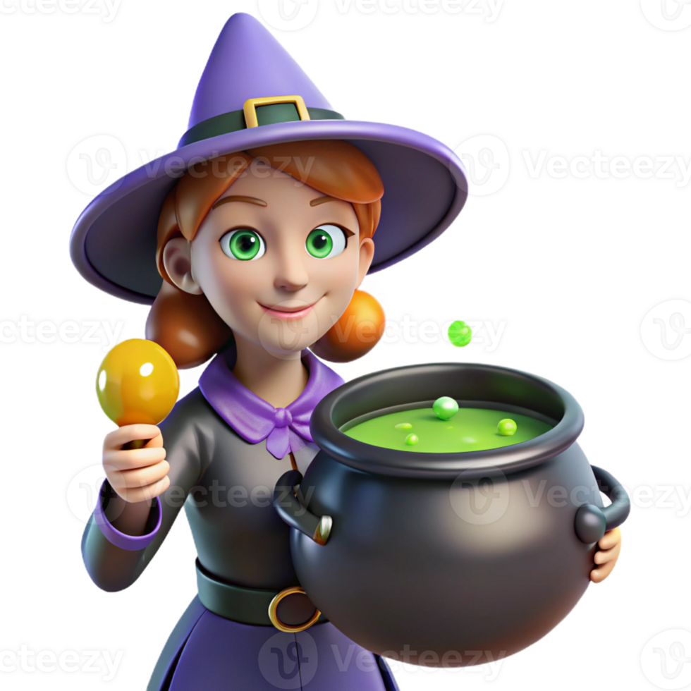 stunning modern A stylized, cartoon witch, holding a bubbling cauldron premium png