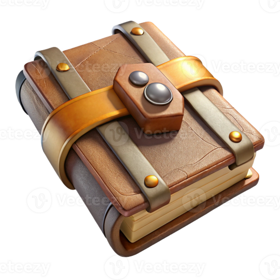 impressive rustic A weathered, leather-bound spellbook clasped with a metal lock professional png