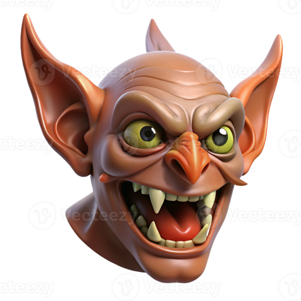 dramatic artistic A fearsome goblin head with sharp teeth and pointed ears detailed png