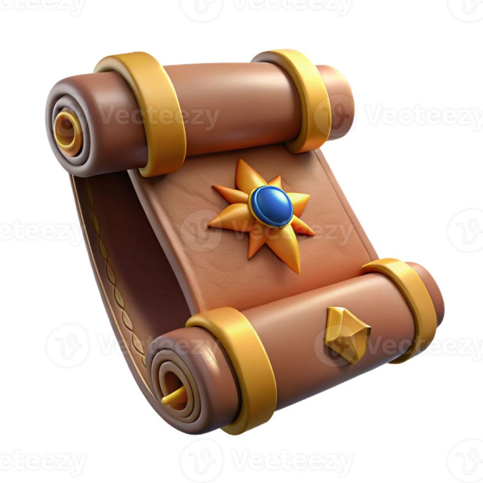 vibrant modern A single, ancient, leather-bound scroll with mystical symbols genuine png